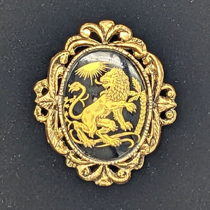Vintage Damascene Brooch Gold Tone Framed with Heraldry Lion or Leo 1970s